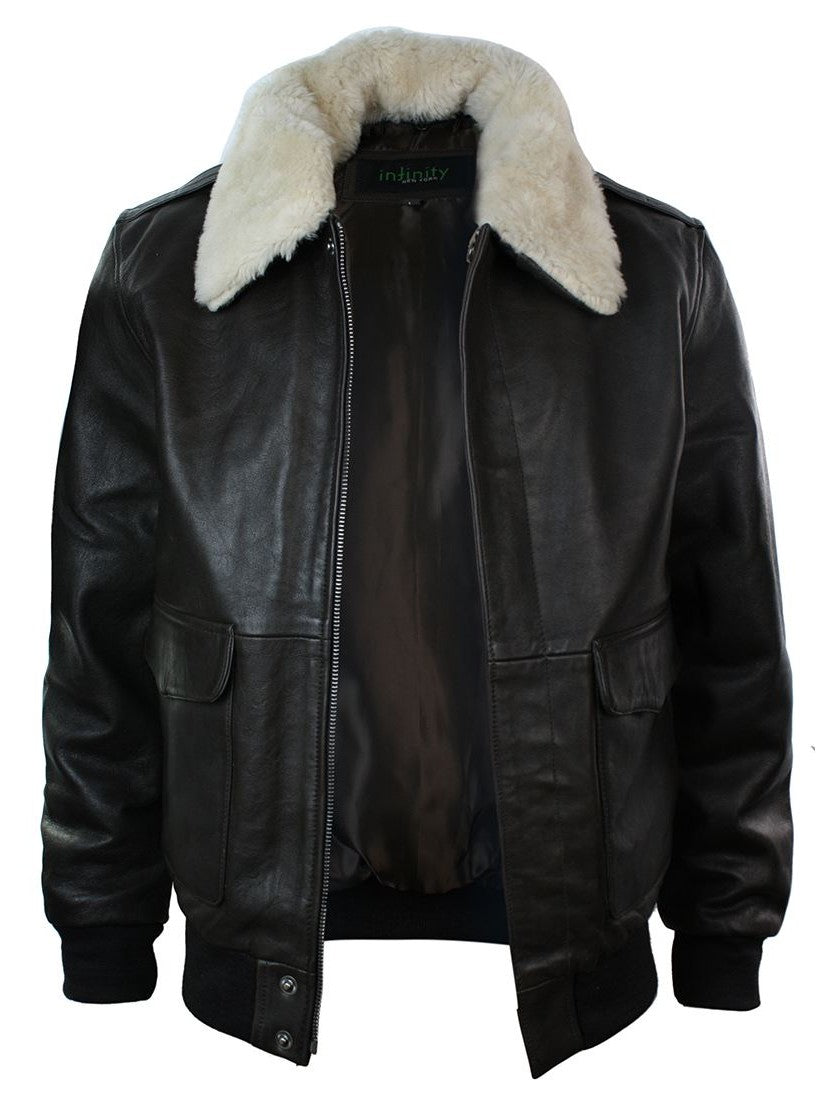 A2 Flight Aviator Real Fur Collar Bomber Leather Jacket