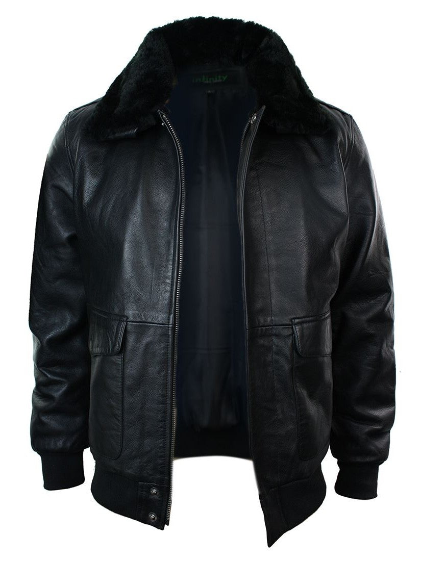 A2 Flight Aviator Real Fur Collar Bomber Leather Jacket