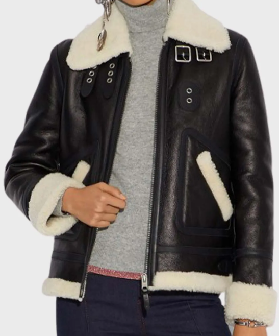 Womens Aviator Ivory Shearling Leather Jacket