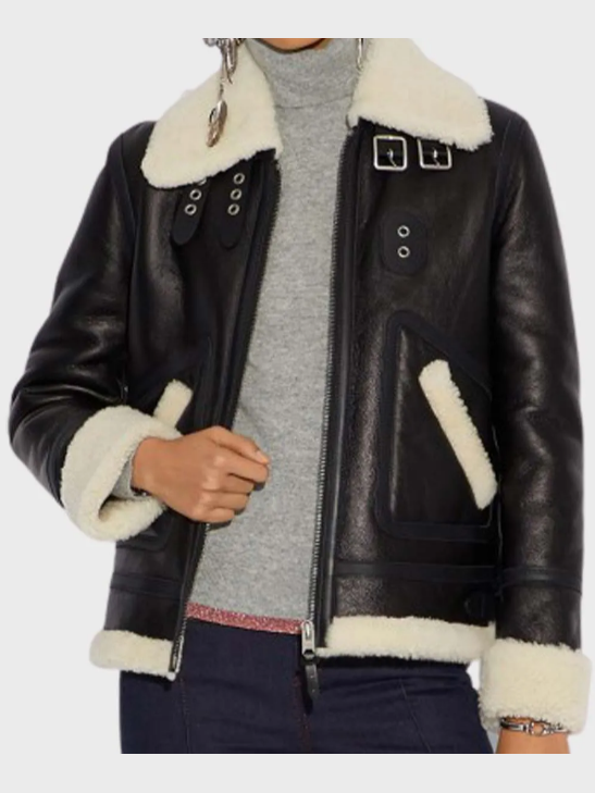 Womens Aviator Ivory Shearling Leather Jacket