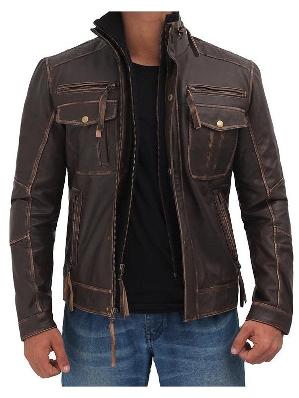 Dark Brown Mens Distressed Six Pocket Vintage Leather Jacket