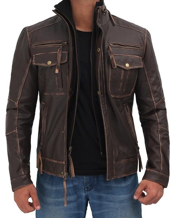 Dark Brown Mens Distressed Six Pocket Vintage Leather Jacket