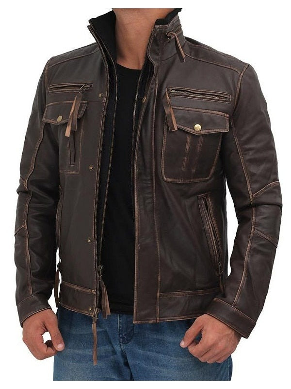 Dark Brown Mens Distressed Six Pocket Vintage Leather Jacket