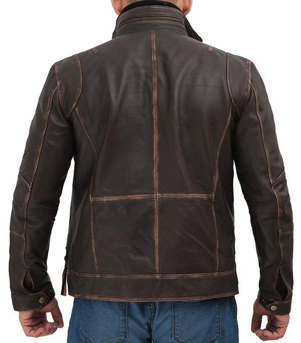 Dark Brown Mens Distressed Six Pocket Vintage Leather Jacket