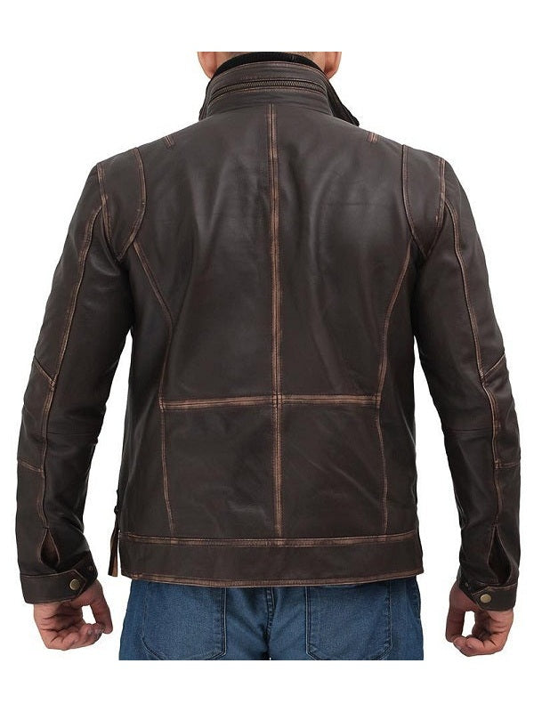 Dark Brown Mens Distressed Six Pocket Vintage Leather Jacket