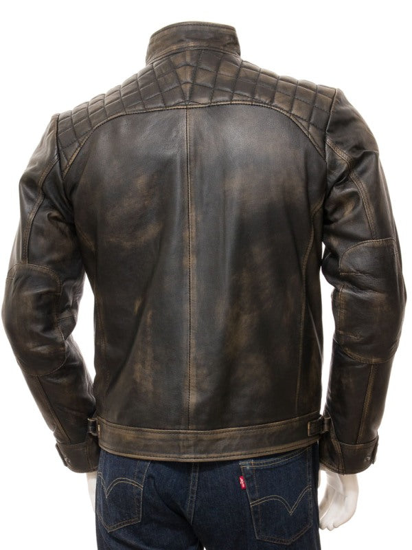 Quilted Distressed Brown Leather Biker Jacket