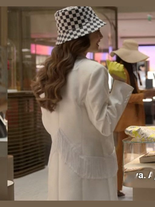 Emily In Paris Lily Collins White Fringe Trim Coat