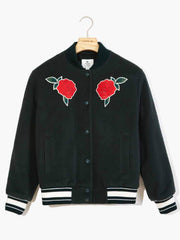 Green Rose Embroidered Varsity Jacket