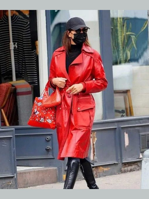 Irina Shayk Red Leather Coat