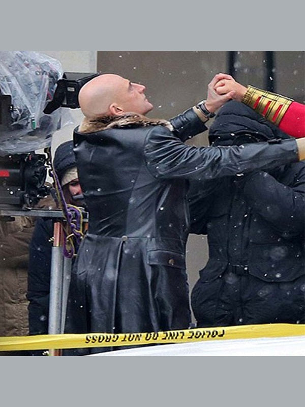 Dr. Sivana Shazam Mark Strong Fur Collar Black Leather Trench Coat