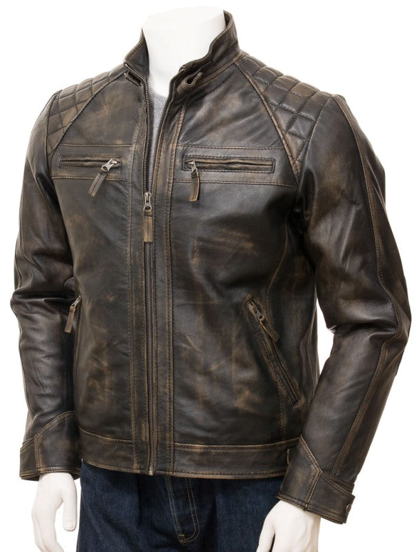 Quilted Distressed Brown Leather Biker Jacket