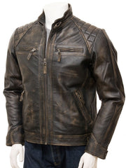 Quilted Distressed Brown Leather Biker Jacket