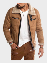Mens Brown Faux Shearling Suede Leather Jacket