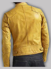 Mens Quilted Design Cafe Racer Yellow Leather Jacket