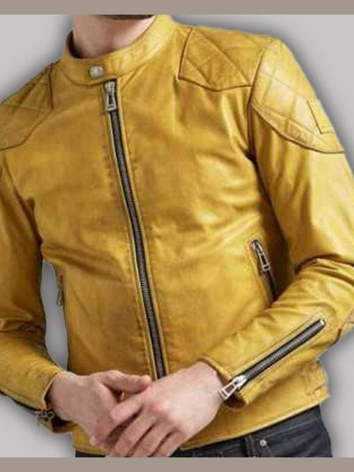 Mens Quilted Design Cafe Racer Yellow Leather Jacket