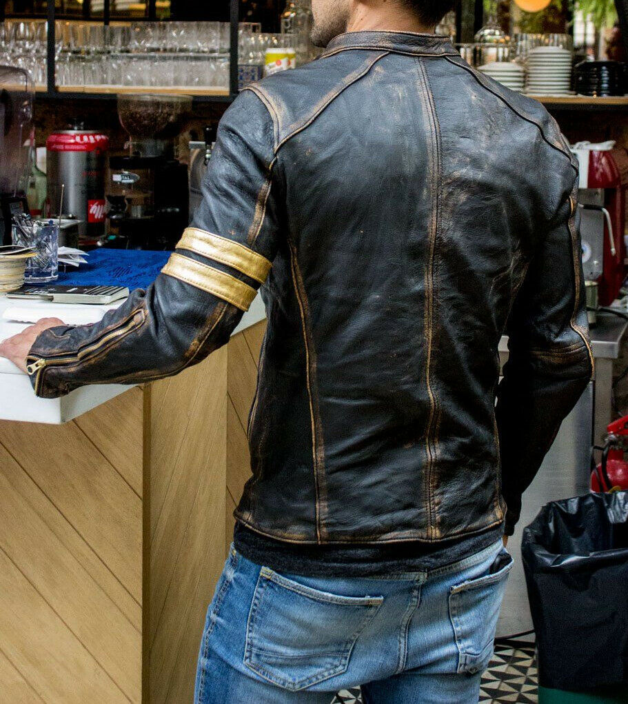 Mens Vintage Cafe Racer Motorcycle Distressed Biker Jacket