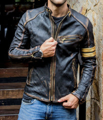 Mens Vintage Cafe Racer Motorcycle Distressed Biker Jacket