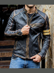 Mens Vintage Cafe Racer Motorcycle Distressed Biker Jacket