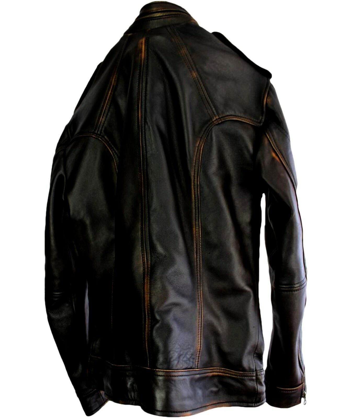 Mens Vintage Distressed Black Biker Motorcycle Cafe Racer Real Leather Jacket