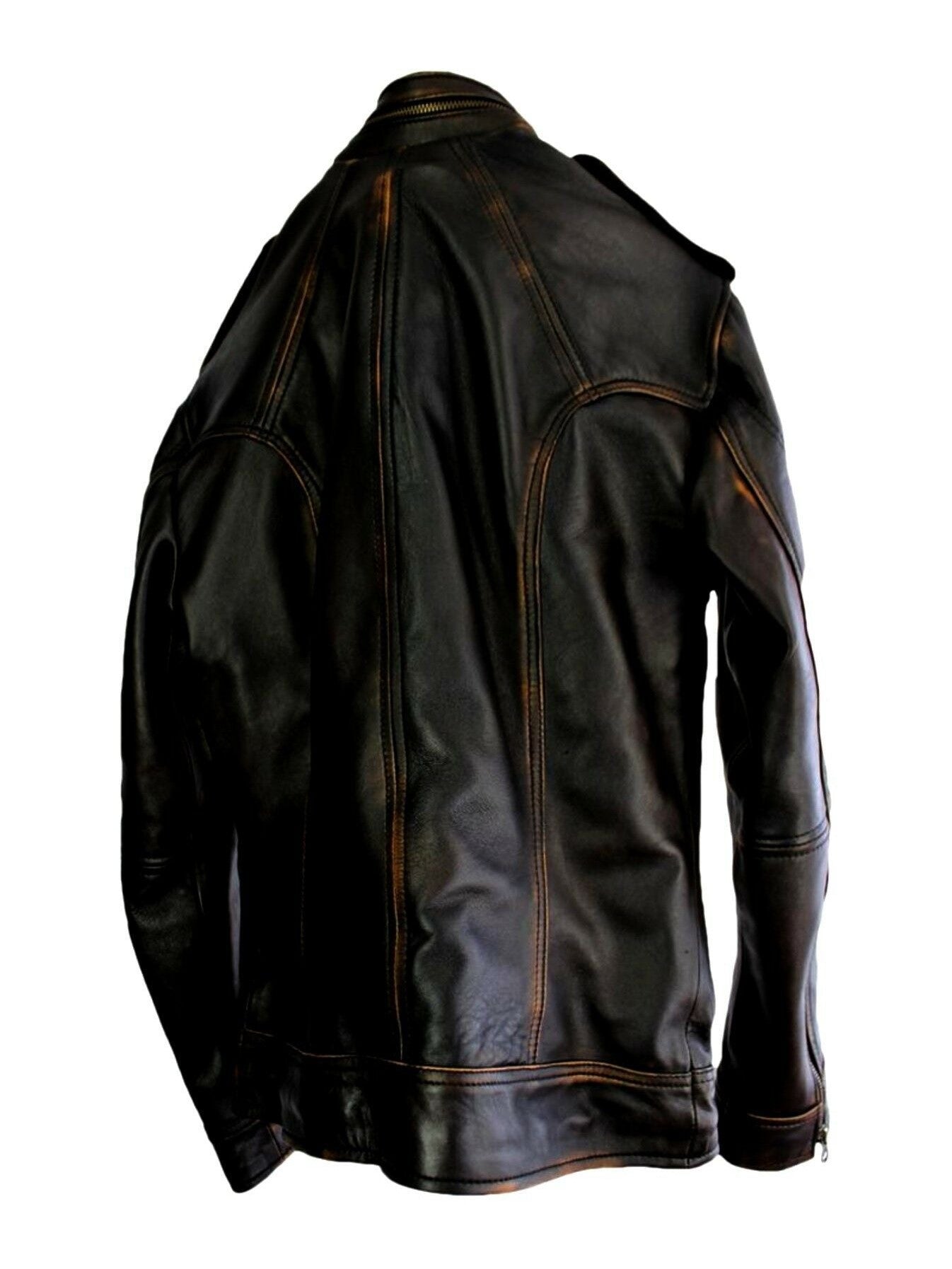 Mens Vintage Distressed Black Biker Motorcycle Cafe Racer Real Leather Jacket