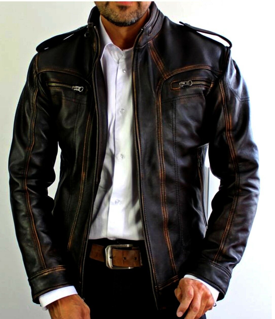 Mens Vintage Distressed Black Biker Motorcycle Cafe Racer Real Leather Jacket