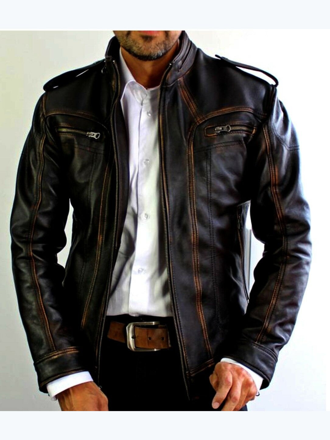 Mens Vintage Distressed Black Biker Motorcycle Cafe Racer Real Leather Jacket
