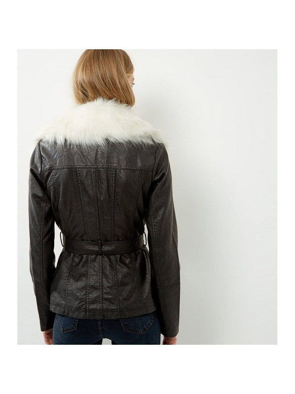 Parisian Black Faux Fur Trim Leather Look Jacket