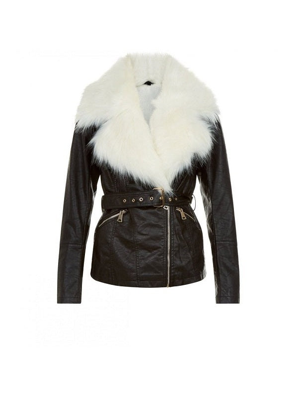 Parisian Black Faux Fur Trim Leather Look Jacket
