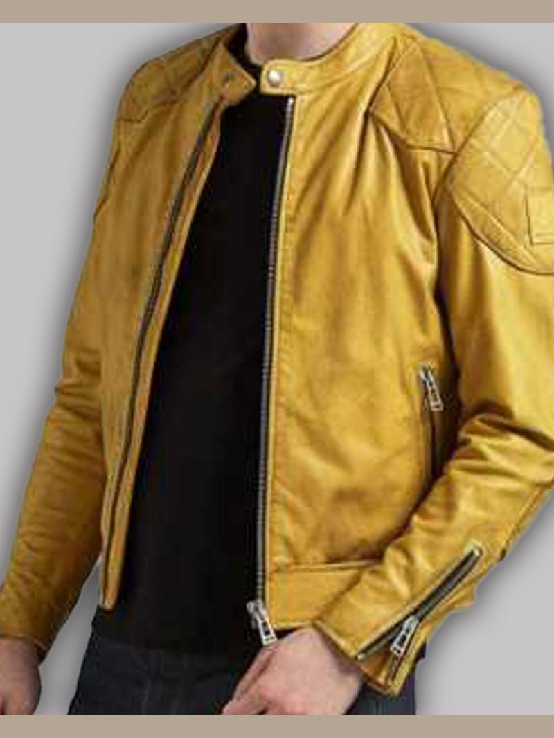 Mens Quilted Design Cafe Racer Yellow Leather Jacket