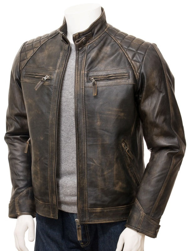 Quilted Distressed Brown Leather Biker Jacket