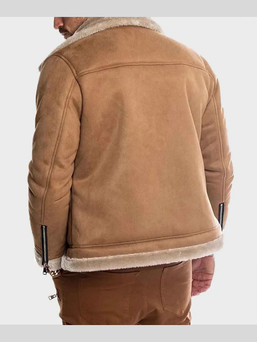 Mens Brown Faux Shearling Suede Leather Jacket