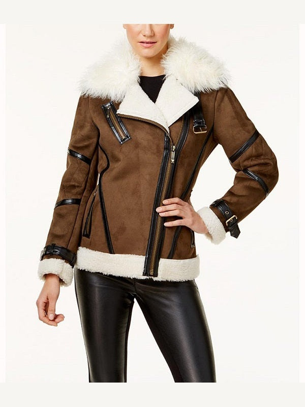 Asymmetrical Faux Leather Shearling Jacket