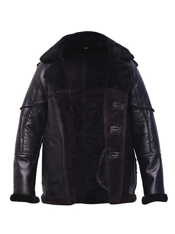 Mens Black Shearling Leather Bomber Jacket