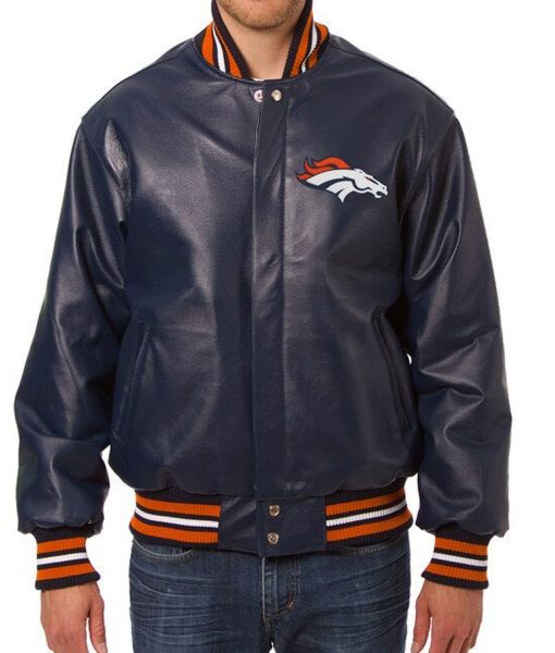 Denver Broncos Varsity Navy Blue Leather Jacket