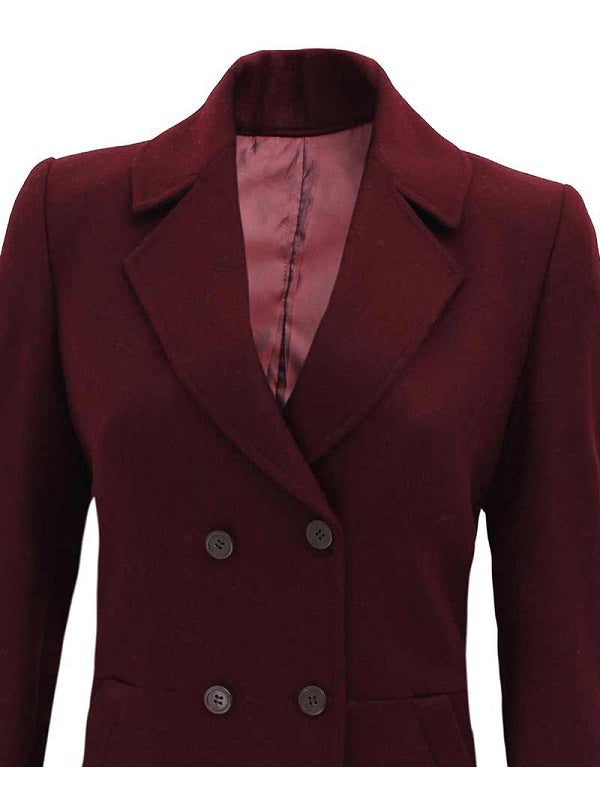 Women Double Breasted Maroon Wool Coat
