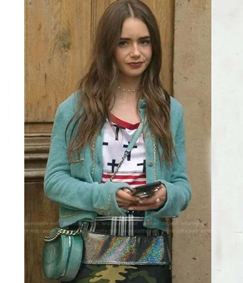 Lily Collins Chain Trim Cardigan On Emily In Paris