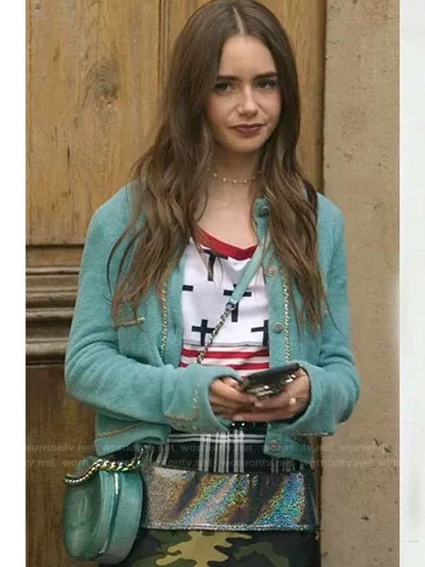 Lily Collins Chain Trim Cardigan On Emily In Paris