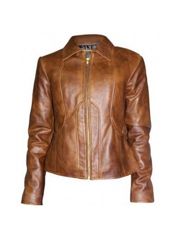 Jennifer Lopez Brown Distressed Leather Jacket