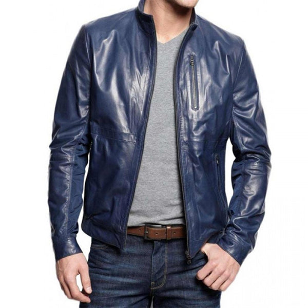 Navy Blue Leather Jacket Mens