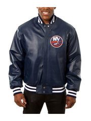 New York Islanders Varsity Navy Blue Leather Jacket