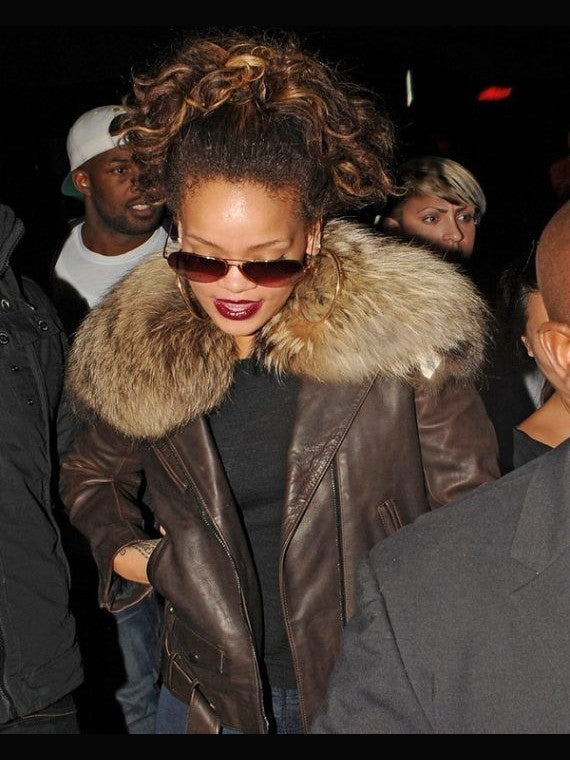 Rihanna Raccoon Fur Leather Jacket