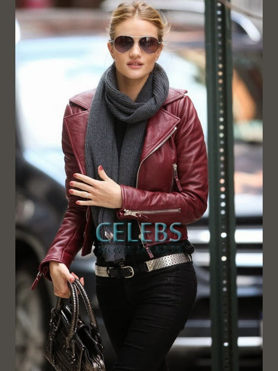 Rosie Huntington Red Biker Leather Jacket