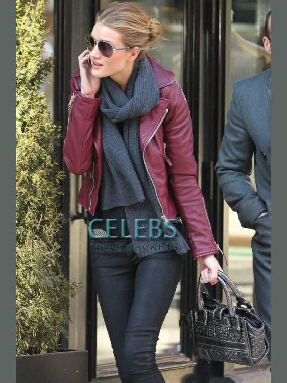 Rosie Huntington Red Biker Leather Jacket
