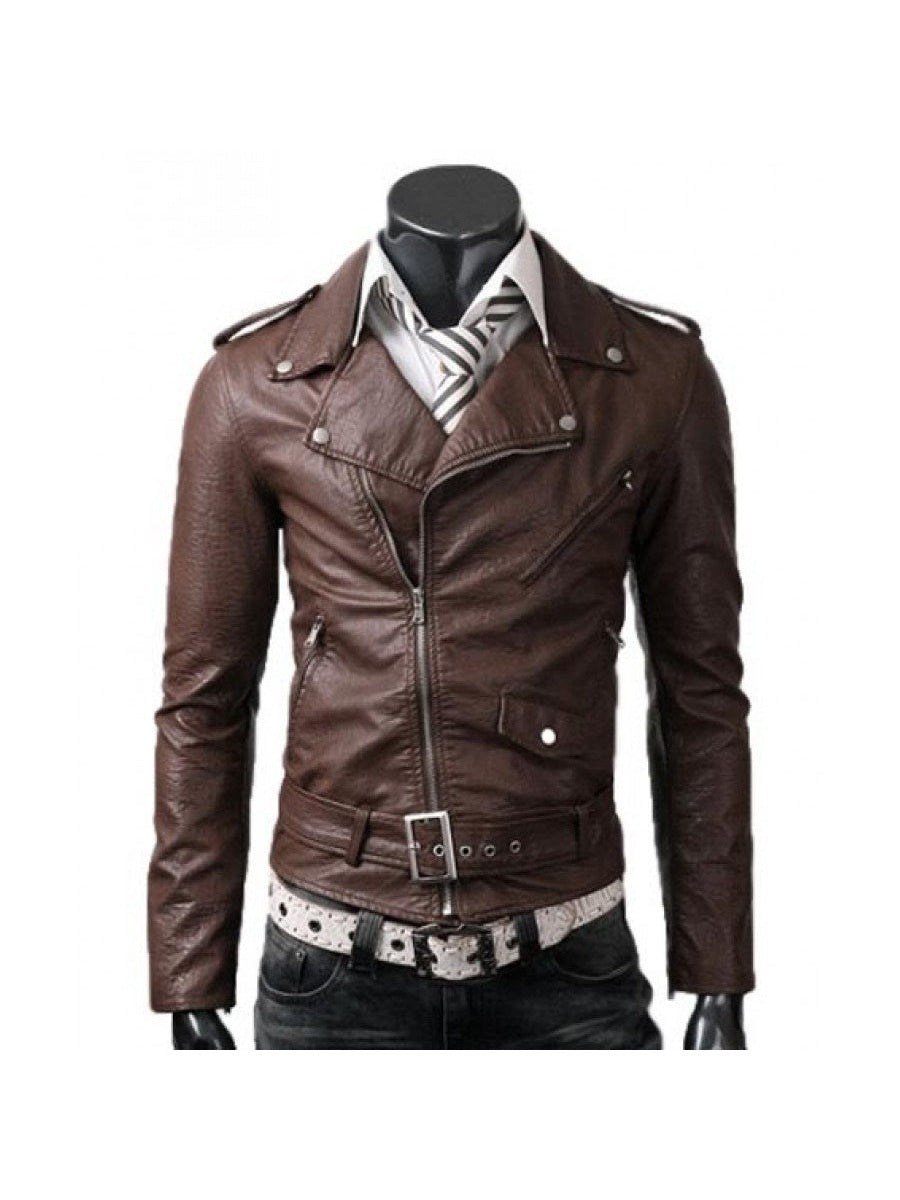 Slim Fit Belted Rider Brown Jacket