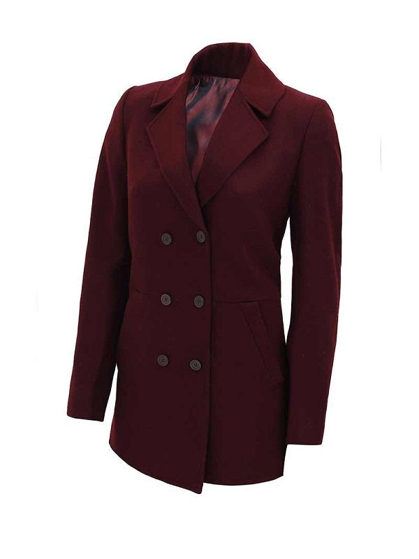 Women Double Breasted Maroon Wool Coat