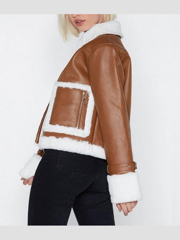 Womens Brown Cropped Aviator Leather Jacket