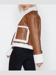 Womens Brown Cropped Aviator Leather Jacket