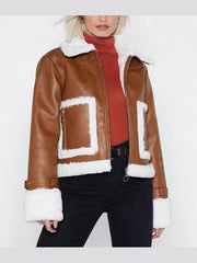Womens Brown Cropped Aviator Leather Jacket