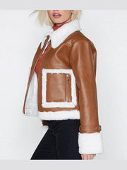 Womens Brown Cropped Aviator Leather Jacket