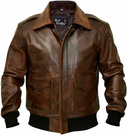 A2 Aviator Flight Military Pilot Bomber Brown Leather Jacket